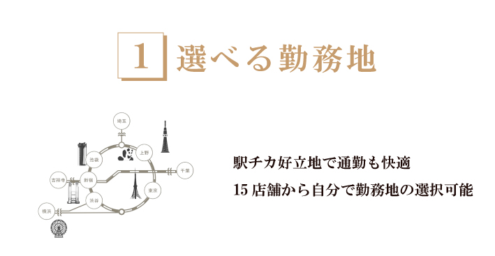 1.選べる勤務地-19店舗から自分で選択可能・どの店舗も駅チカ好立地で通勤も快適です。憧れの場所でアクセス良好！渋谷、新宿、池袋、銀座、吉祥寺、恵比寿で勤務
